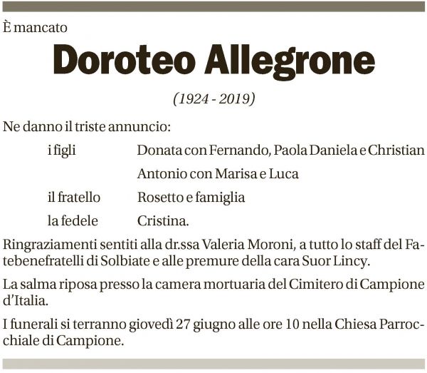 Annuncio funebre Doroteo Allegrone