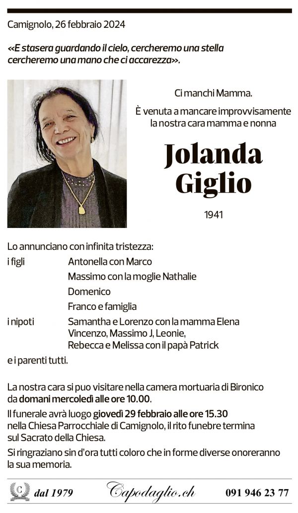 Annuncio funebre Jolanda Giglio