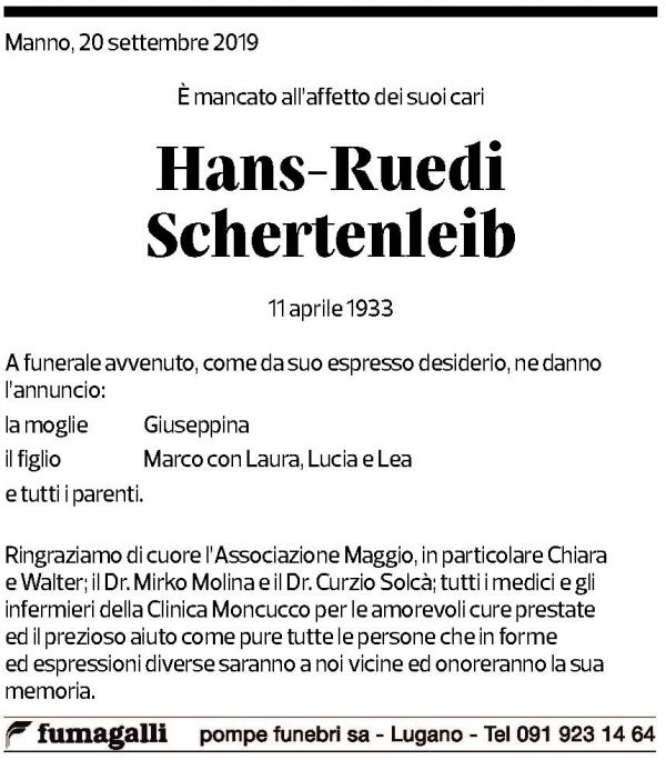 Annuncio funebre Hans-ruedi Schertenlieb