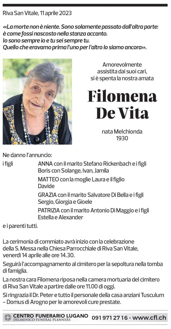 Annuncio funebre Filomena De Vita