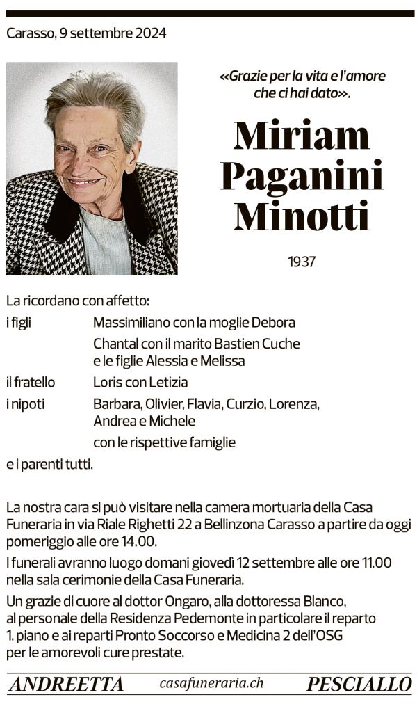 Annuncio funebre Miriam Paganini Minotti