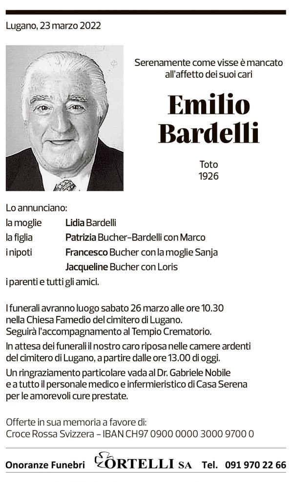 Annuncio funebre Emilio Bardelli