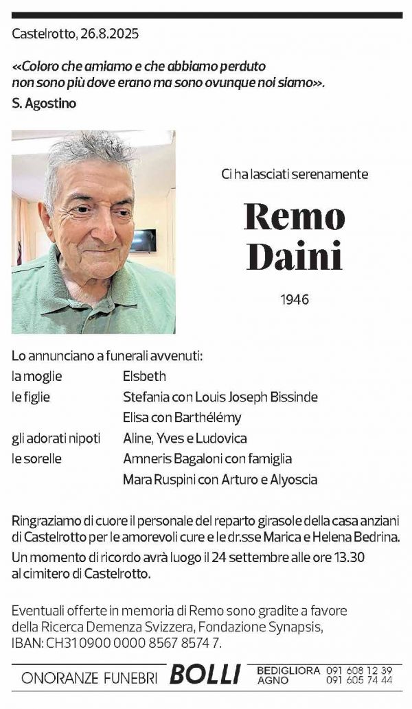 Annuncio funebre Remo Daini