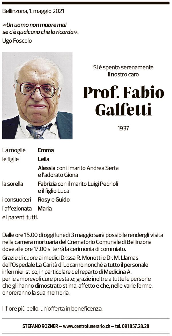 Annuncio funebre Fabio Galfetti