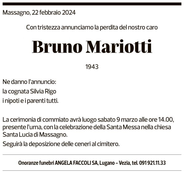 Annuncio funebre Bruno Mariotti