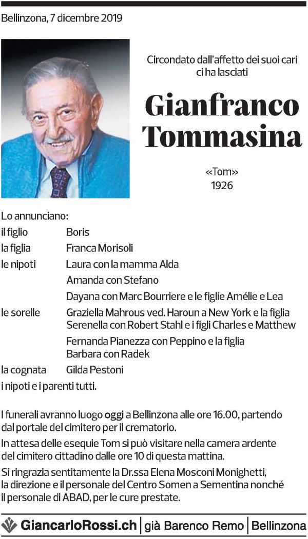 Annuncio funebre Gianfranco Tommasina