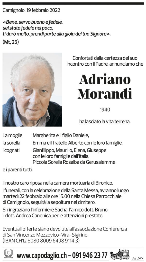 Annuncio funebre Adriano Morandi