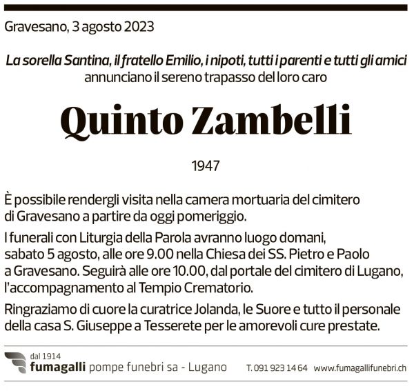 Annuncio funebre Quinto Zambelli