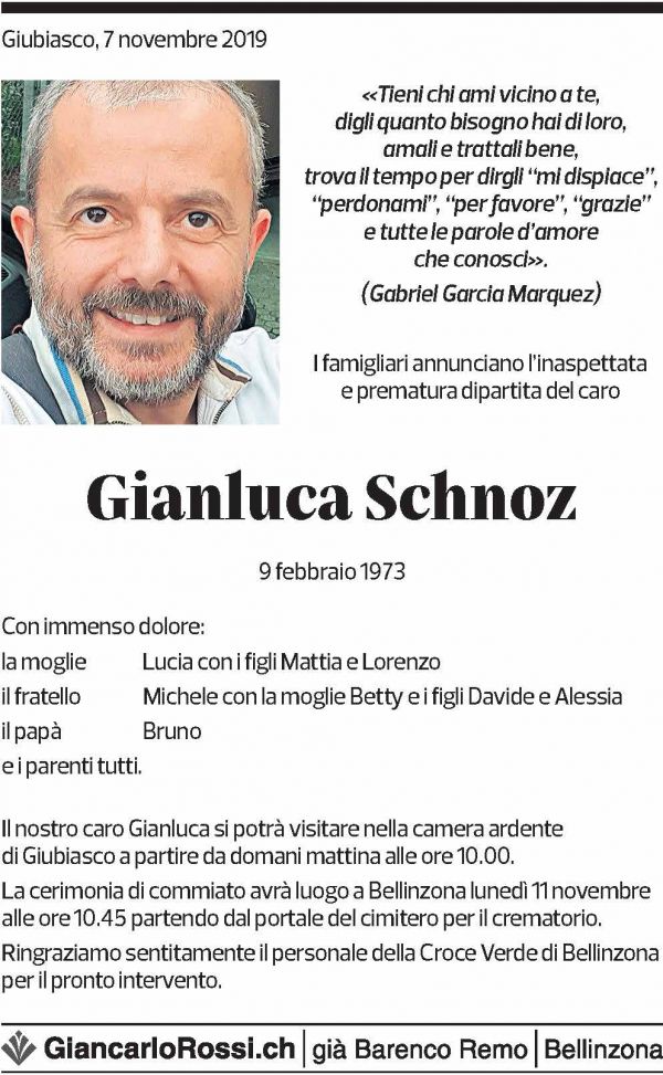 Annuncio funebre Gianluca Schnoz