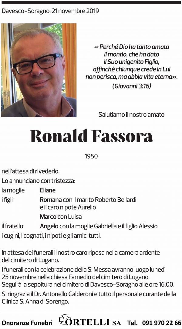 Annuncio funebre Ronald Fassora