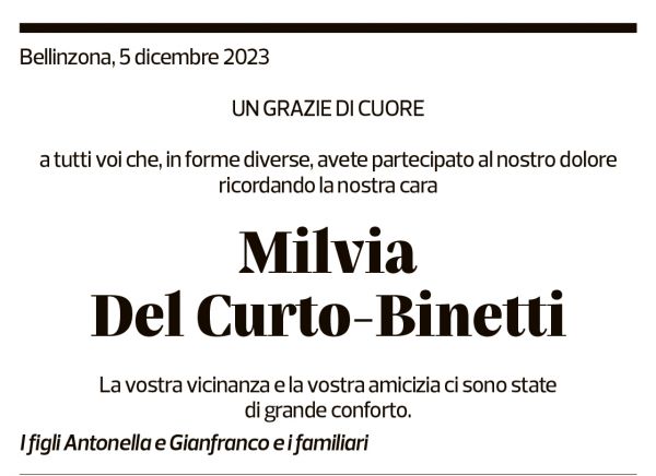 Annuncio funebre Milvia Del Curto-binetti