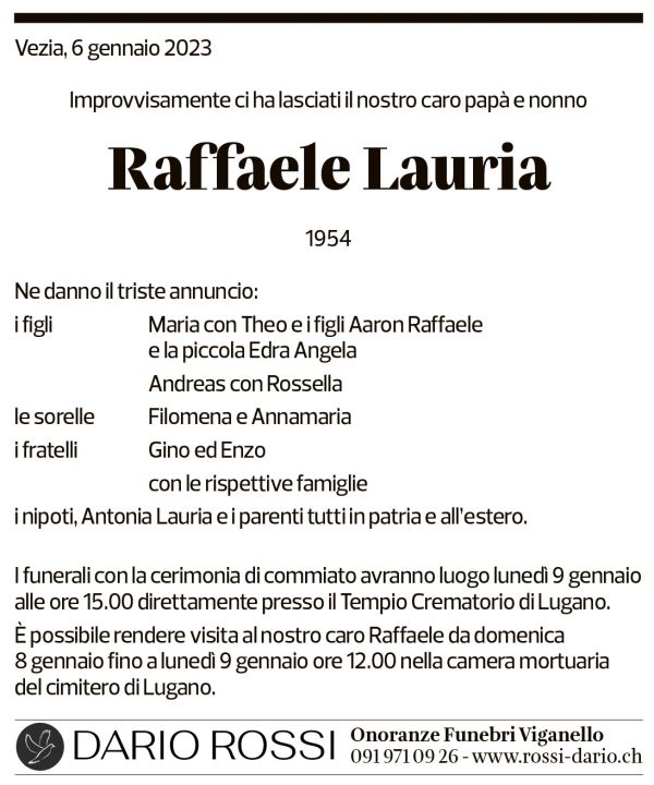 Annuncio funebre Raffaele Lauria