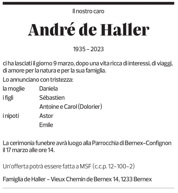 Annuncio funebre André De Haller