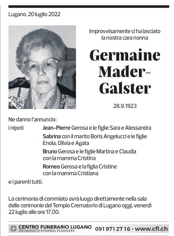 Annuncio funebre Germaine Mader-galster