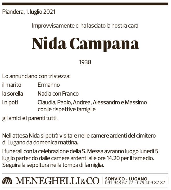 Annuncio funebre Nida Campana