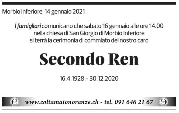 Annuncio funebre Secondo Ren