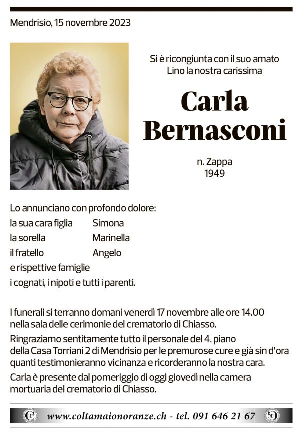 Annuncio funebre Carla Bernasconi