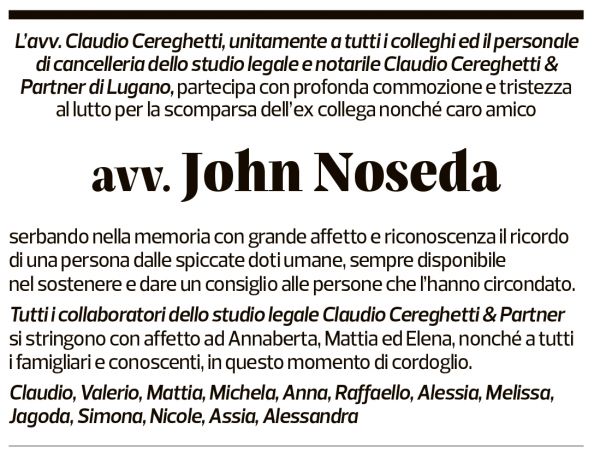 Annuncio funebre John Noseda