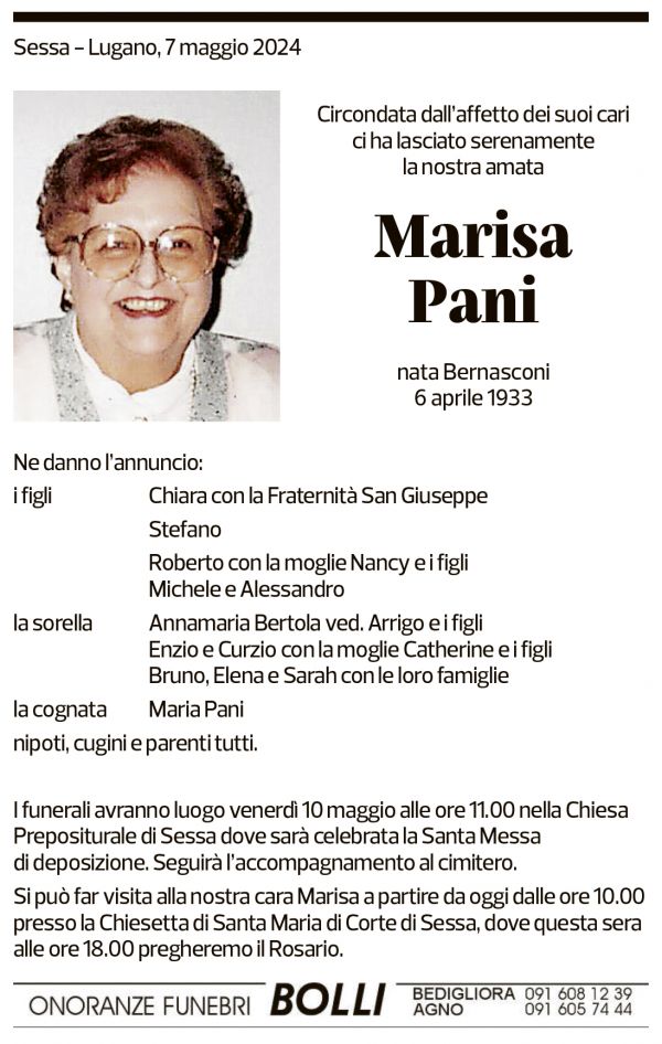 Annuncio funebre Marisa Pani