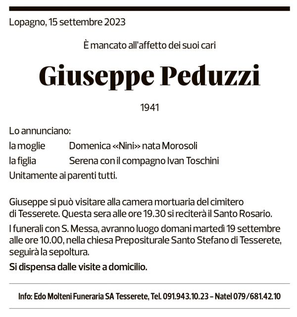 Annuncio funebre Giuseppe Peduzzi