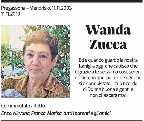 Annuncio funebre Wanda Zucca