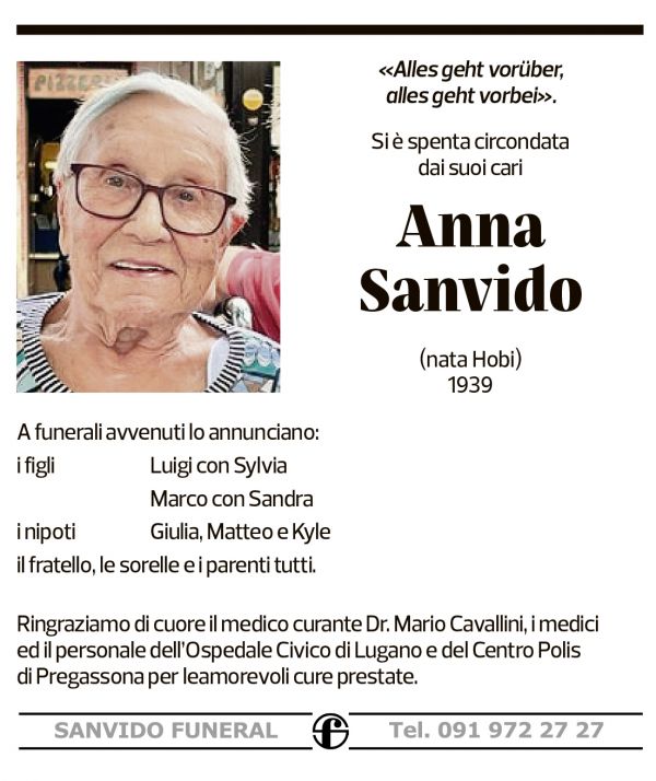 Annuncio funebre Anna Sanvido