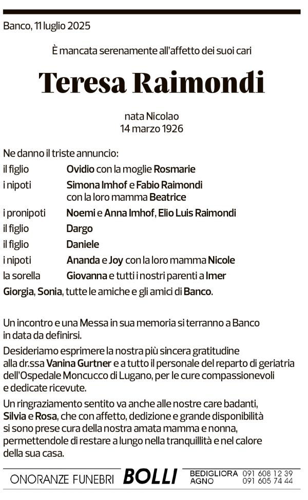 Annuncio funebre Teresa Raimondi