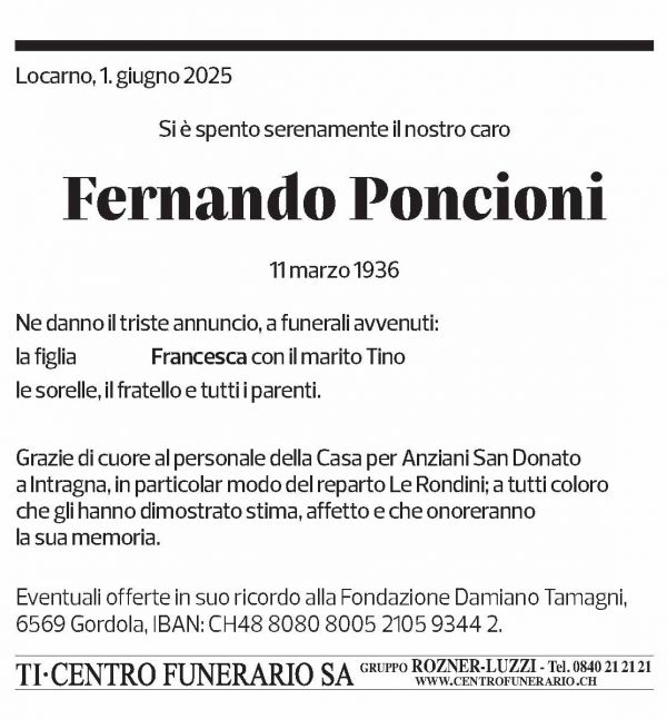 Annuncio funebre Fernando Poncioni