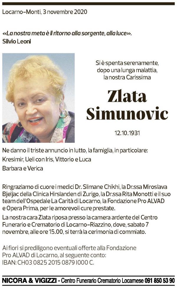 Annuncio funebre Zlata Simunovic