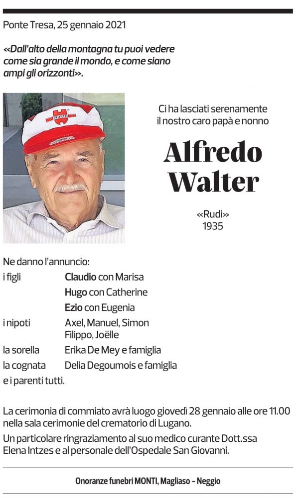 Annuncio funebre Alfredo Walter