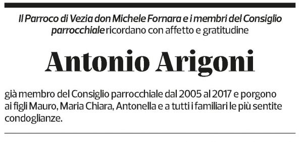 Annuncio funebre Antonio Arigoni