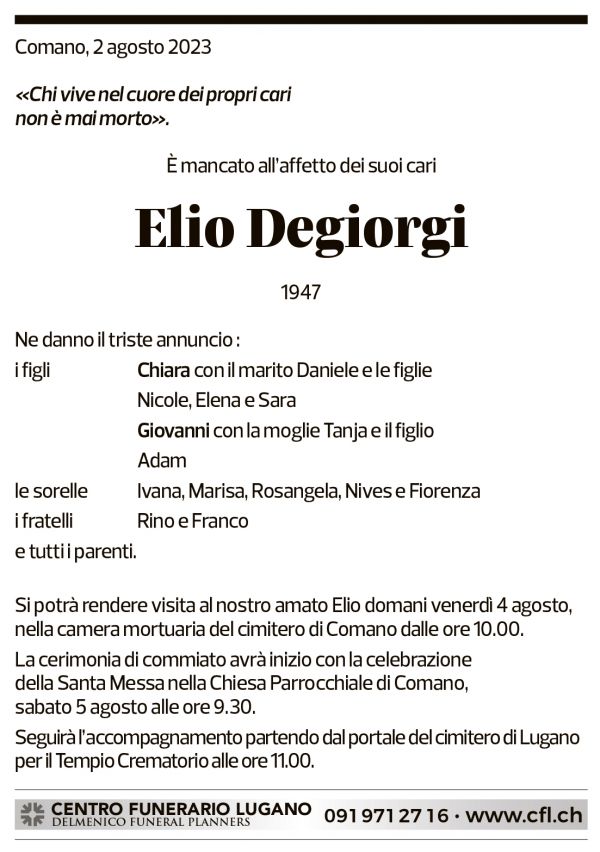 Annuncio funebre Elio Degiorgi