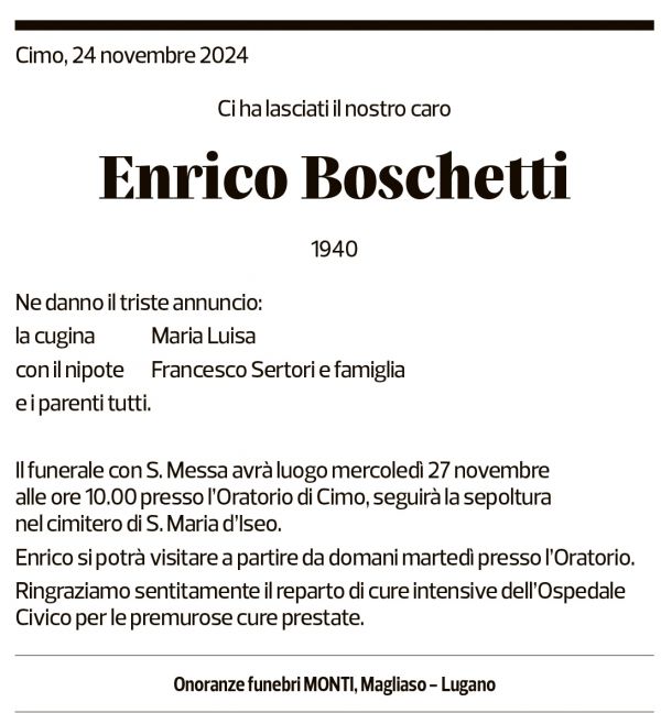 Annuncio funebre Enrico Boschetti