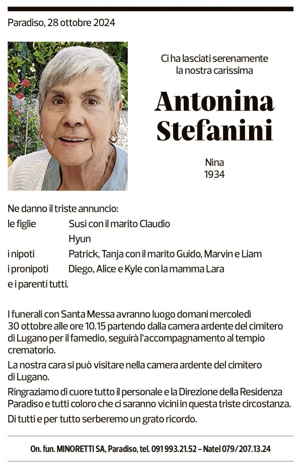 Annuncio funebre Antonina Stefanini