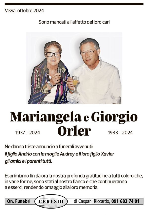 Annuncio funebre Mariangela E Giorgio Orler