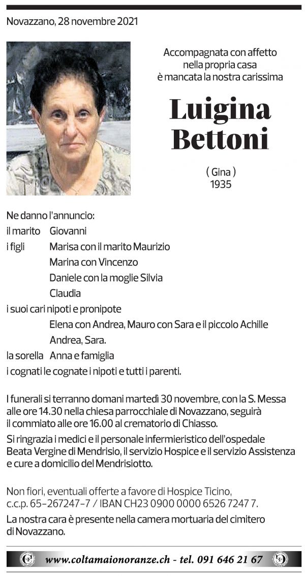 Annuncio funebre Luigina Bettoni