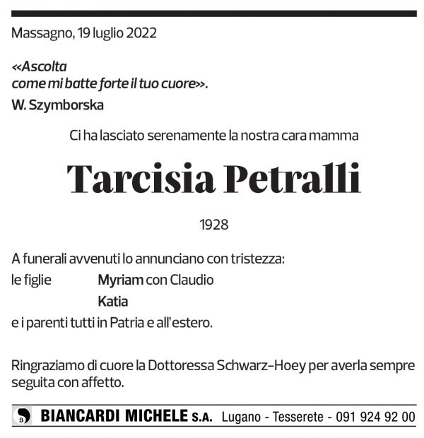 Annuncio funebre Tarcisia Petralli