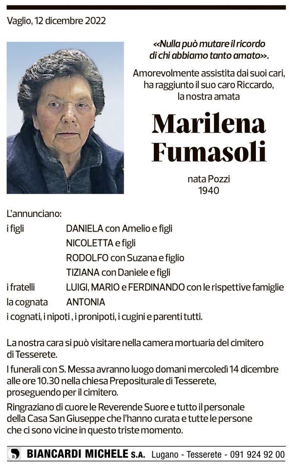 Annuncio funebre Marilena Fumasoli