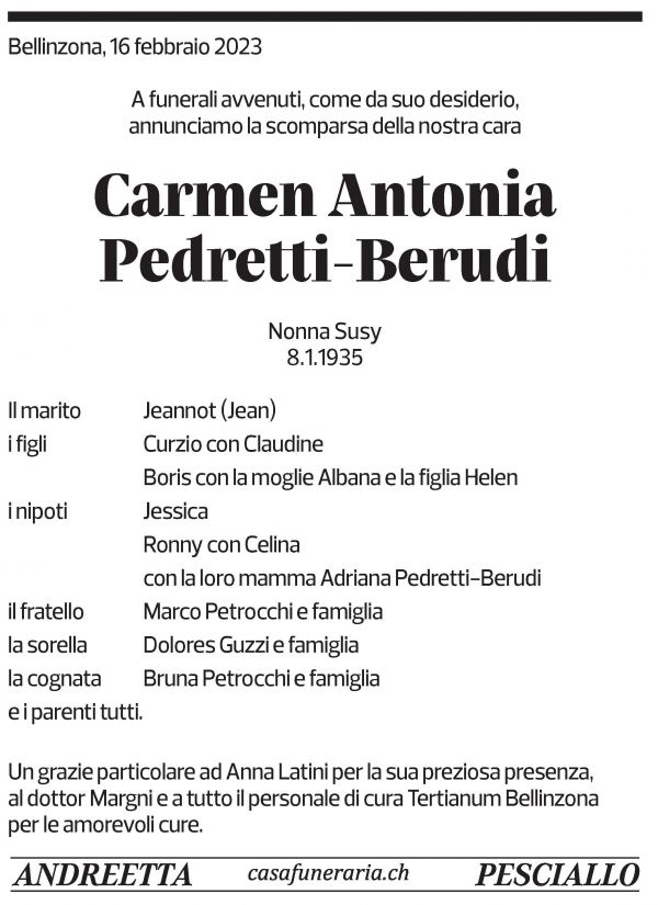 Annuncio funebre Carmen Antonia Pedretti - Berudi