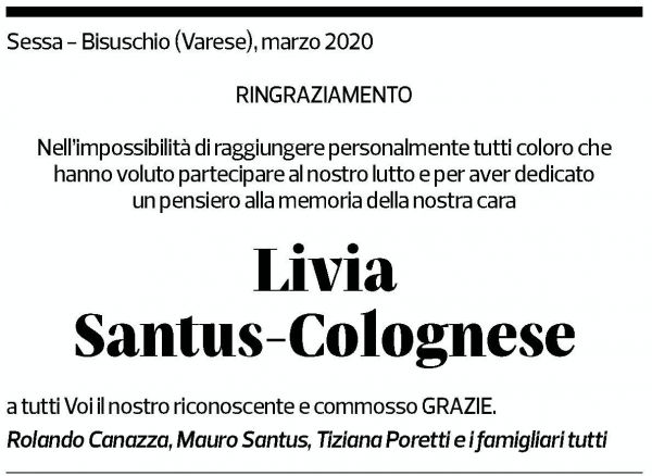 Annuncio funebre Livia Santus-colognese