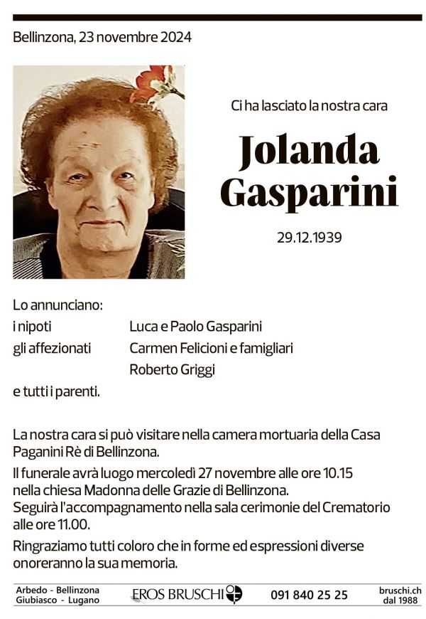 Annuncio funebre Jolanda Gasparini