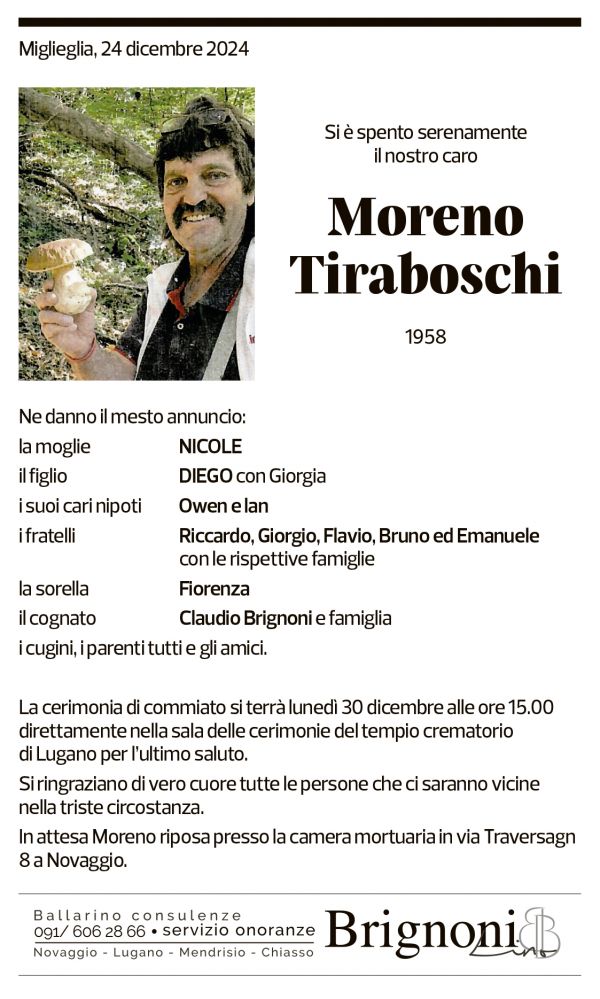 Annuncio funebre Moreno Tiraboschi