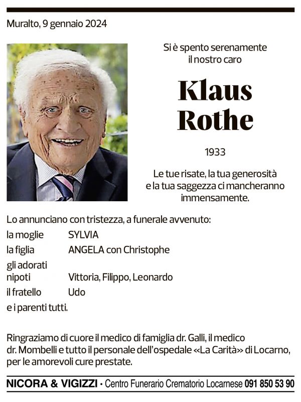 Annuncio funebre Klaus Rothe