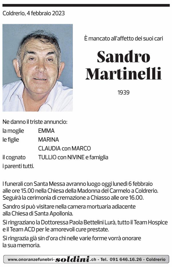 Annuncio funebre Sandro Martinelli