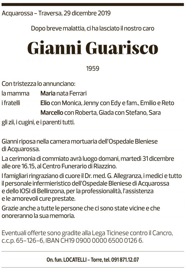 Annuncio funebre Gianni Guarisco