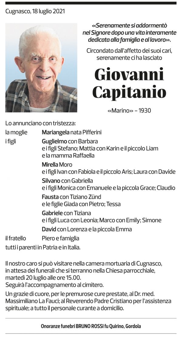 Annuncio funebre Giovanni Capitanio