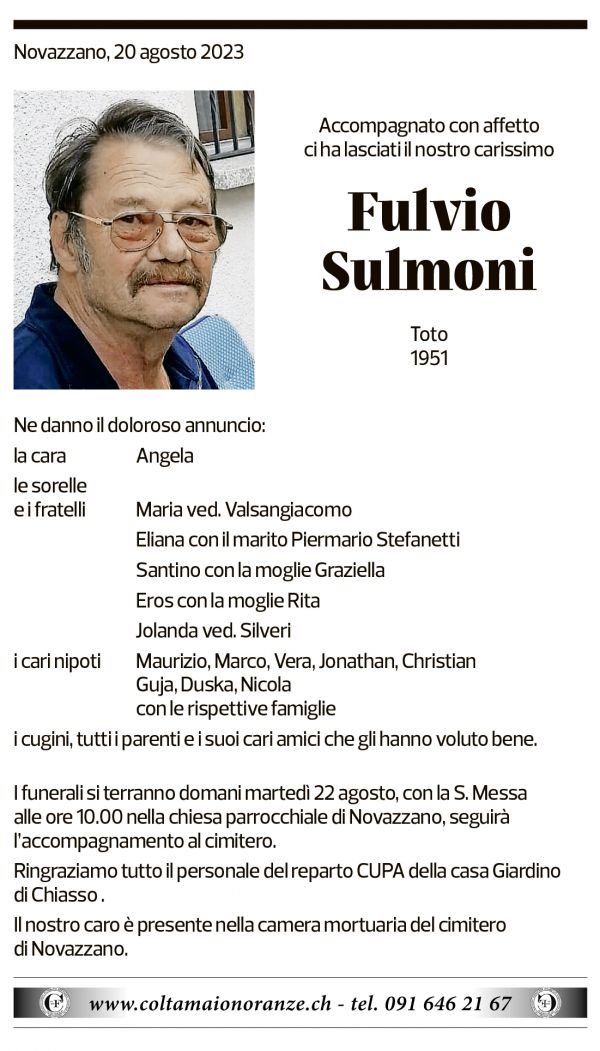 Annuncio funebre Fulvio Sulmoni