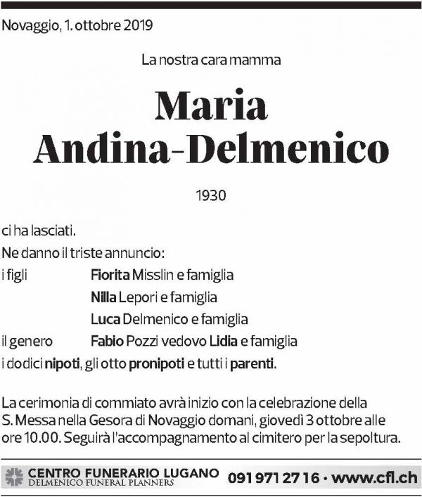 Annuncio funebre Maria Andina-delmenico