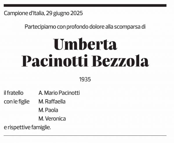 Annuncio funebre Umberta Pacinotti Bezzola