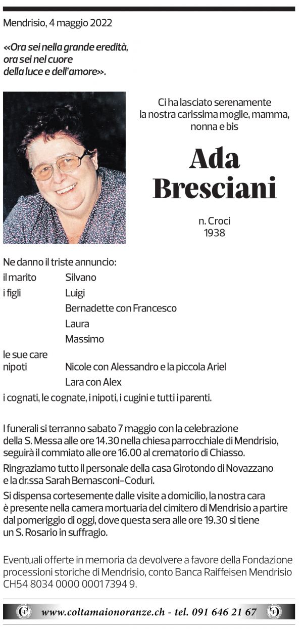 Annuncio funebre Ada Bresciani